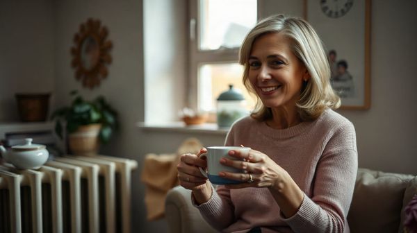 Woman with mug beside radiator in UK home, illustrating Warm Home Discount £150 rebate guide.