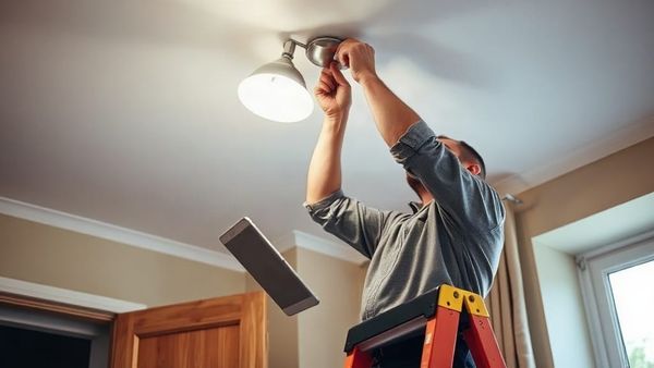 Electrician fitting a ceiling light with a tablet nearby