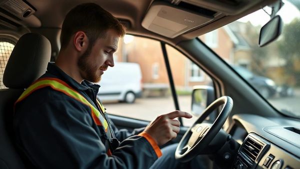 Tradesperson checking the day's jobs on a tablet in a van