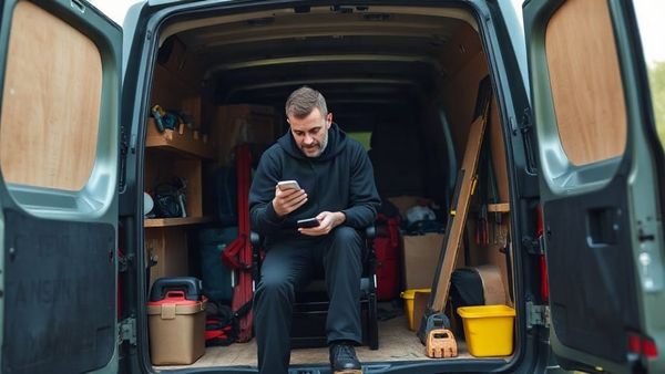 Landscaper loading a van and checking a schedule