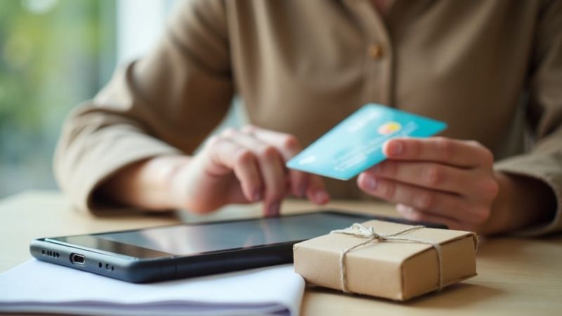 Smartphone showing an online checkout beside a debit card and parcels