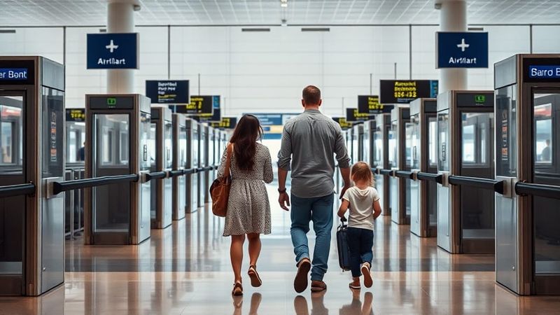 Family walking through UK airport border control eGates