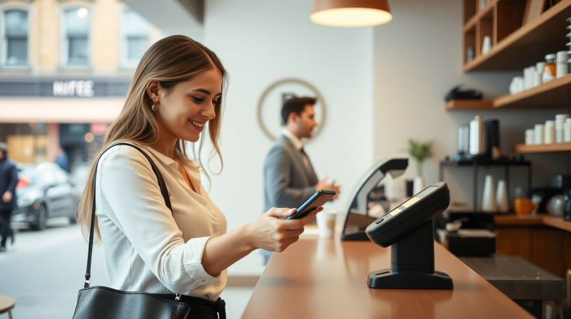 Professional paying by phone at a contactless terminal in a cafe