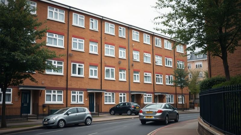 UK council housing block exterior, residential street