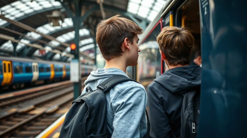 A student boarding a train at a UK railway station