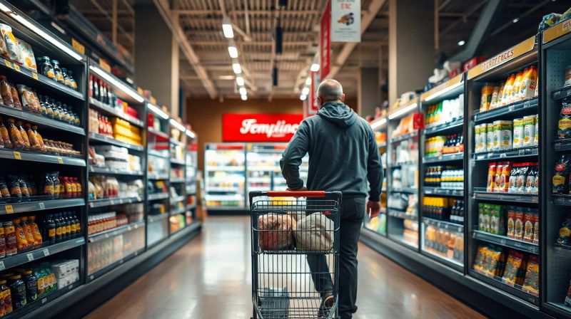 Shopper with a trolley in a supermarket aisle on a bank holiday morning