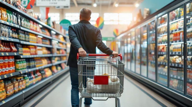 Shopper with a trolley in a supermarket aisle on a bank holiday morning
