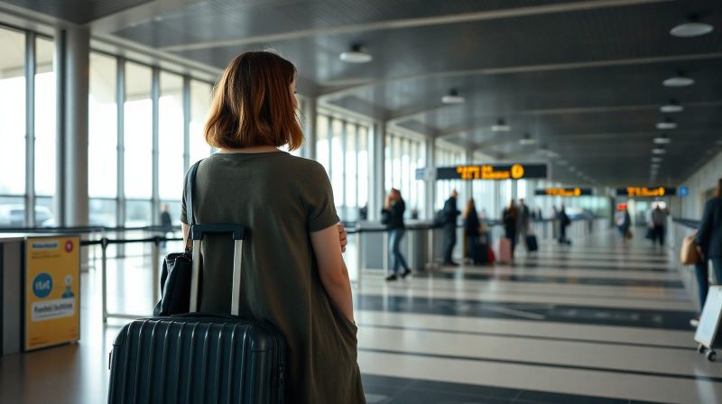 A traveller waiting with a suitcase at an airport passport control hall