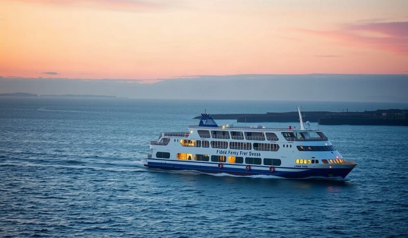 Passenger ferry departing UK port at dusk, calm sea, documentary style.