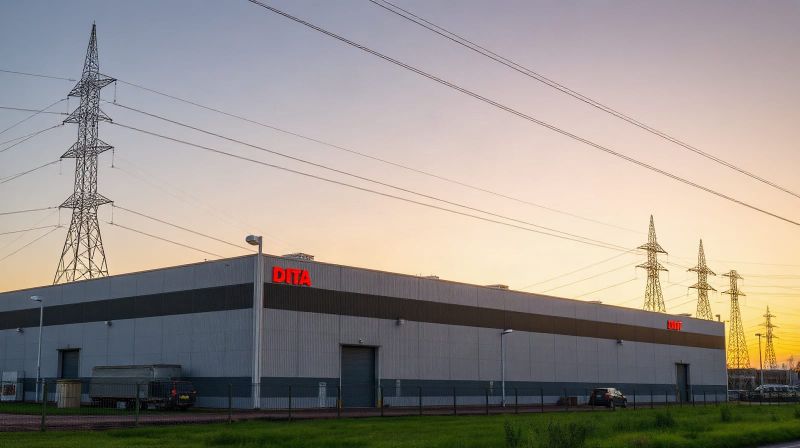 Data centre building beside electricity pylons and power lines at dusk - illustration
