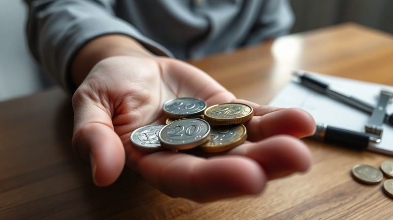 Open palm holding shiny UK 10p coins over wooden table, soft light.