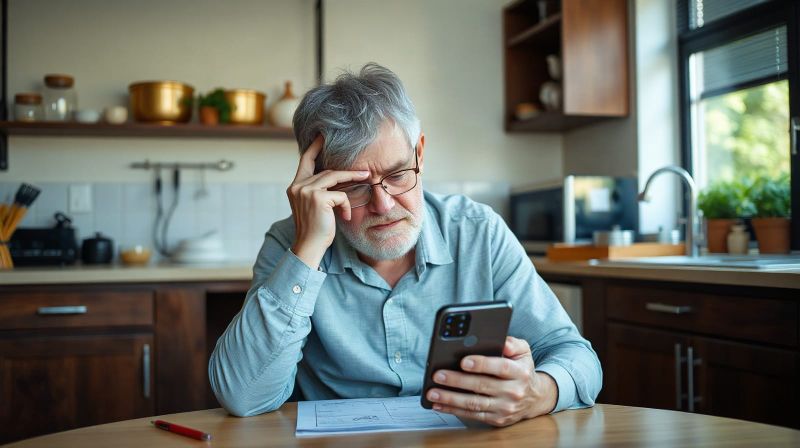 Worried middle-aged person looking at smartphone at kitchen table in daylight.