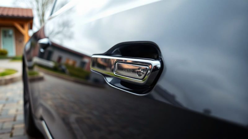 Close-up of a flush door handle on a modern electric car in a driveway.