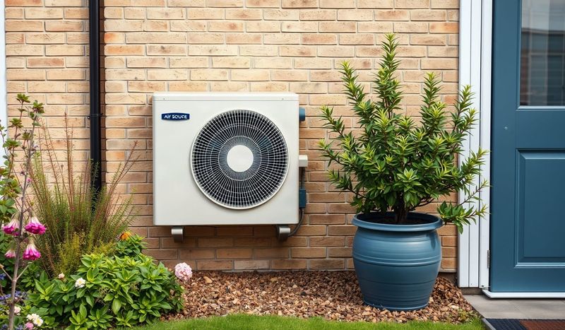 Air source heat pump unit installed outside a UK home, tidy garden, daylight.