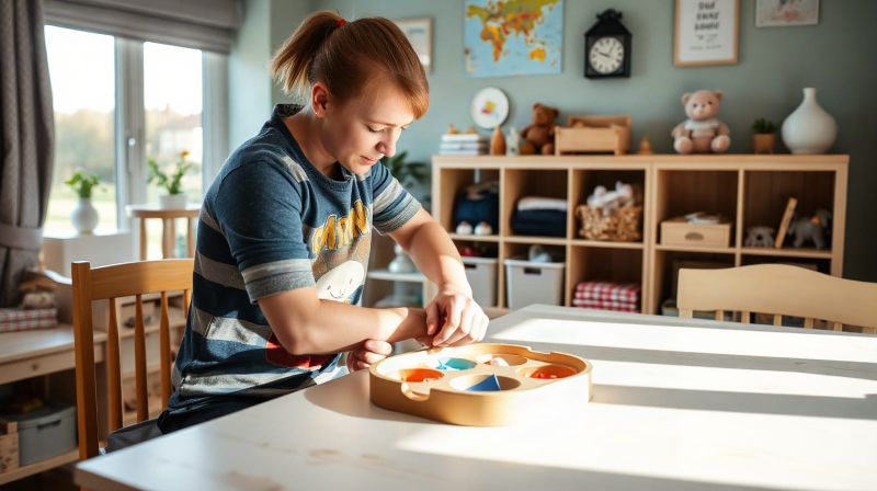 Parent and toddler playing at a table in a bright nursery, warm natural light, candid photo.