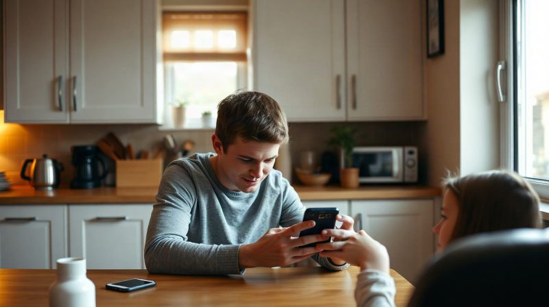 A parent and teenager looking at a smartphone together at home, illustrating UK online safety rules