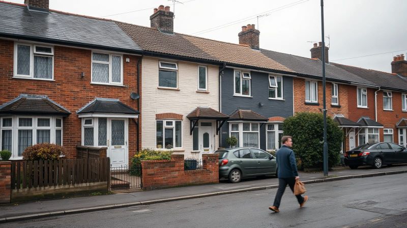 A row of British terraced houses on a suburban street