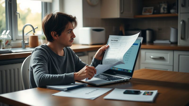 A person reviewing savings paperwork at a kitchen table