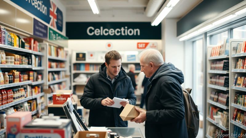 A customer collecting an order at a British high-street collection desk