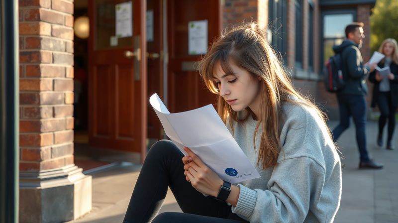 A student sitting on a school step reading a results envelope