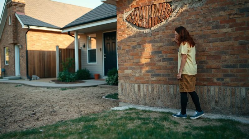 A homeowner examining a diagonal crack in the brick wall of a house beside a parched lawn