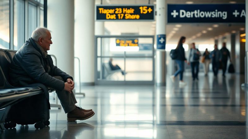 A traveller waiting beside luggage in an airport departure lounge