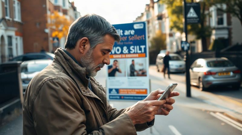 Person reading estate agent recommendations on a phone outside a row of London houses