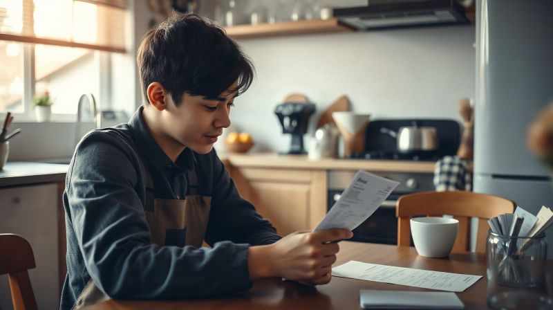 Worker checking a payslip at a kitchen table