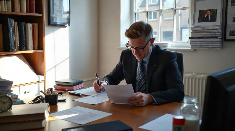 A company director signs paperwork at a desk in a small office