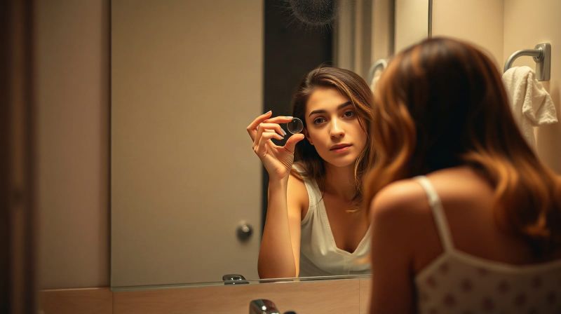 A woman removes a contact lens in front of a bathroom mirror at night