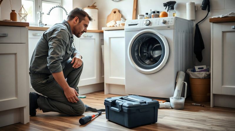 Repair engineer working on an open washing machine in a UK kitchen