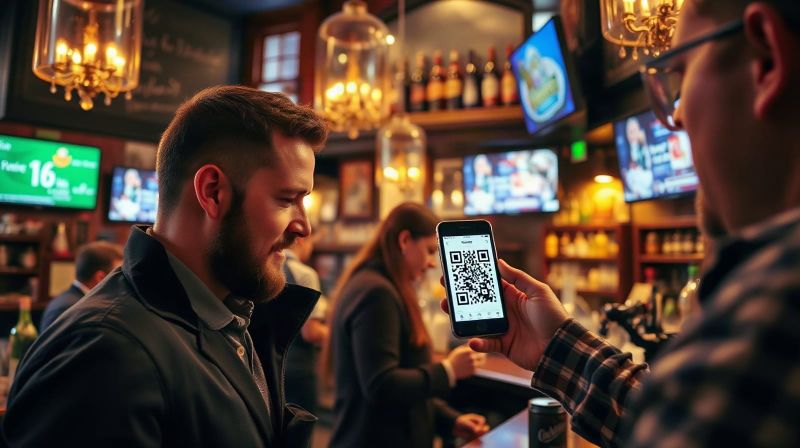 A bartender scans a QR code on a customer's phone at a busy British pub bar