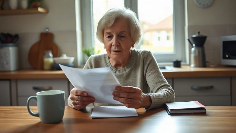 Woman reading a letter at a kitchen table