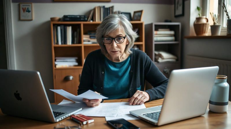 Woman reviewing official correspondence at a table