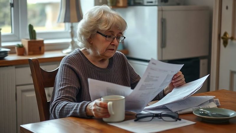 Older woman reviewing bank statements and benefit paperwork at home