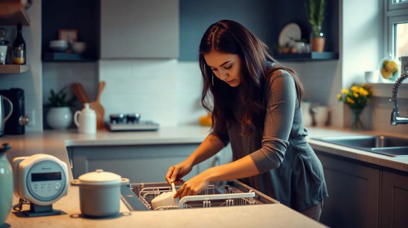 A woman loads a dishwasher in a British kitchen in the evening