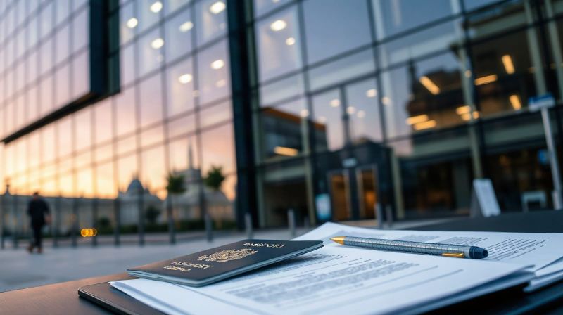 Passport and documents on a desk in front of a City of London office building