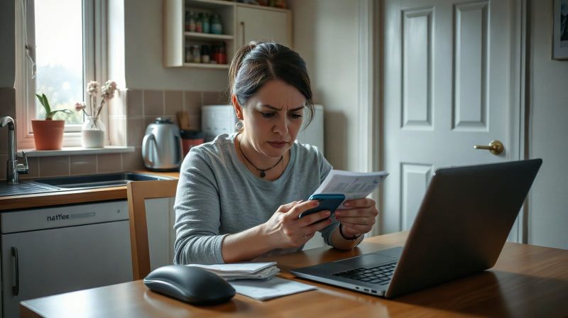 Woman at a kitchen table looking at her phone with bills and a laptop