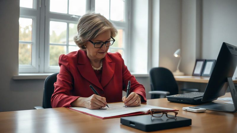Woman in her sixties signing a will at a solicitor's desk