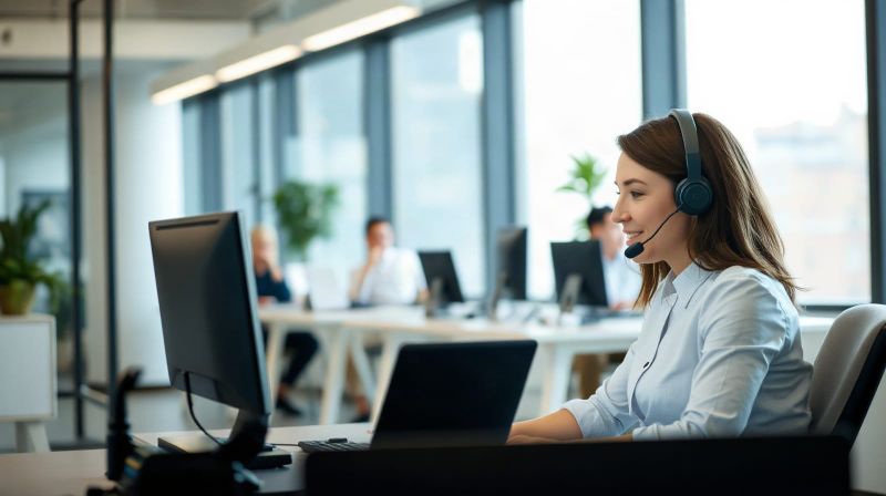 Office worker on a headset call at a desk