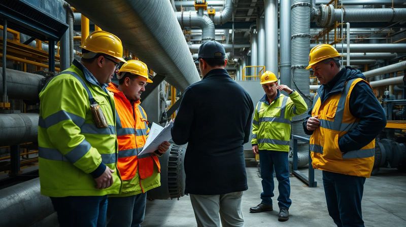 Engineers inspecting district heating pipework in a plant room