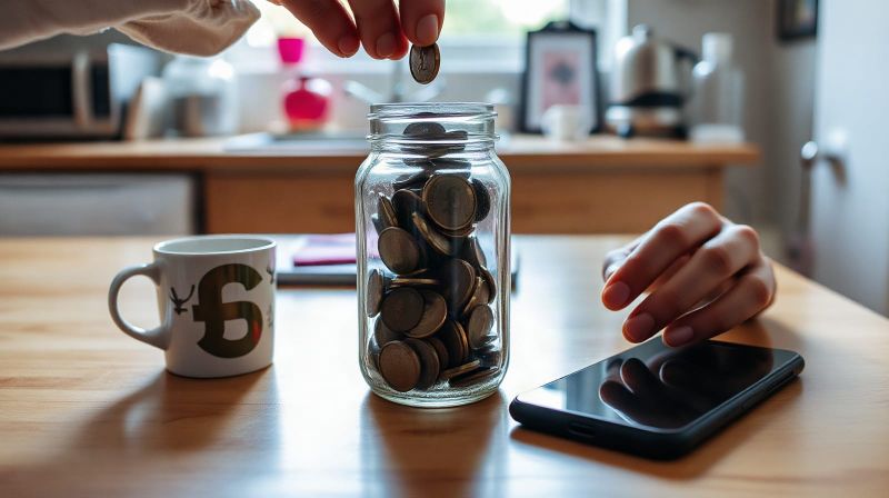 Person putting coins into a savings jar on a kitchen table