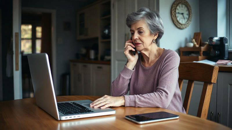 Woman on the phone reviewing investment paperwork