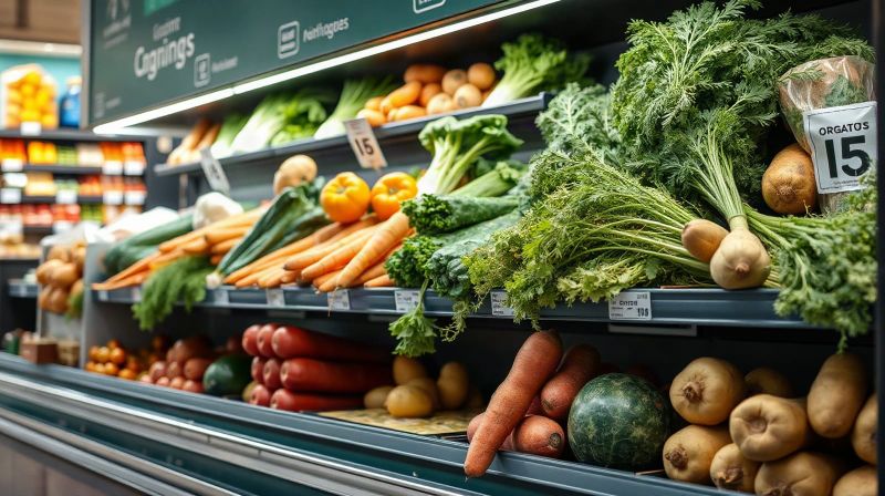 Organic vegetables on a supermarket shelf in a British food hall