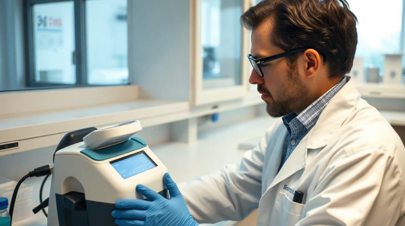 Technician examining a medical device in a laboratory