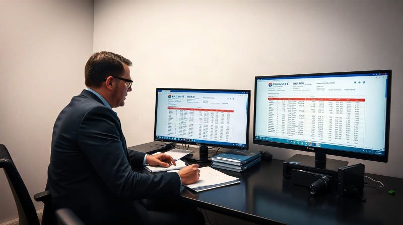 A financial investigator reviews transaction records on two screens in a UK police office