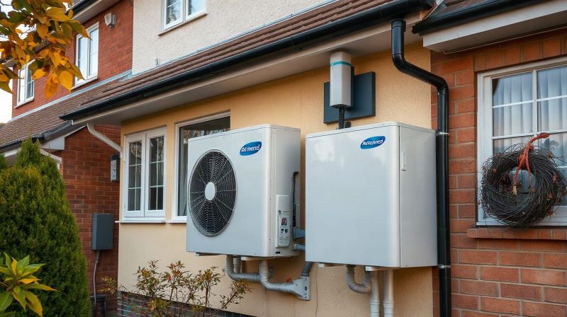 An air source heat pump unit fitted to the side of a suburban British house