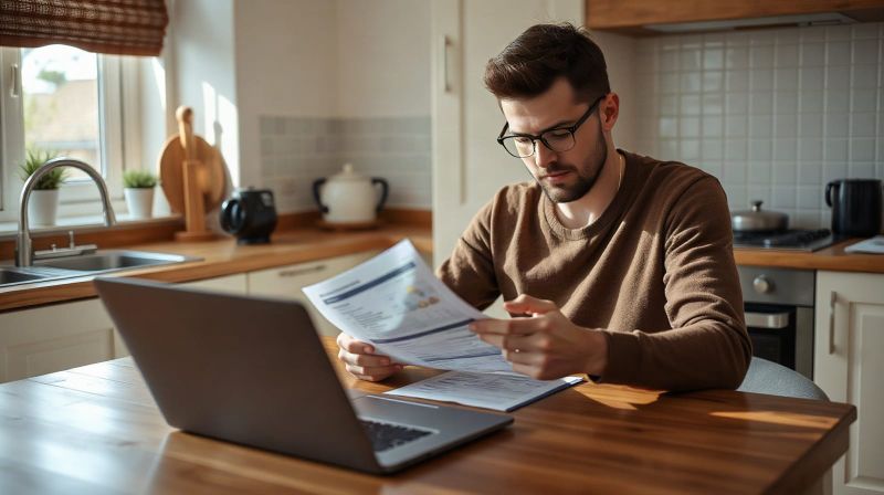 A man in his thirties reviews a pension statement at a kitchen table with a laptop open