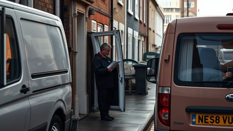 Resident reading a letter on a UK terraced street