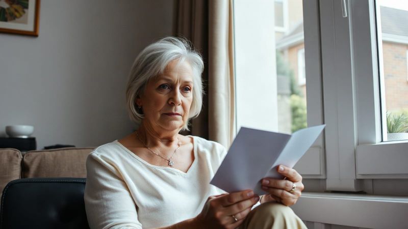 Woman in her 50s reading an official letter at home beside a window, documentary photograph